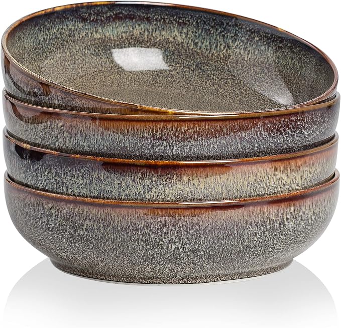 30oz Ceramic bowls set of 4-8" serving bowls for Kitchen,Pasta,Salad-Dishwasher & Microwave Safe Perfect for Housewarming, Thanksgiving, Christmas-Caramel Brown
