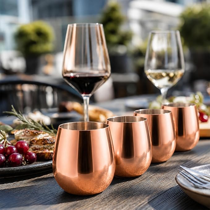 K&K Home Stainless Steel Unbreakable Stemless Wine Glasses - 15 oz - Set of 4 Colored, Stemless Metal Wine Glasses Perfect for Outdoors, Weddings, and Parties (Rose Gold)