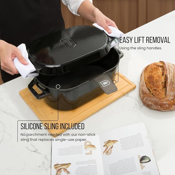 KooK Dutch Oven, For Sourdough Baking, Dual Handles, Enameled Cast Iron, includes Silicone Mat and Sourdough Guide, Dishwasher Safe, Oven safe 500F, 5 Qt, (Black)