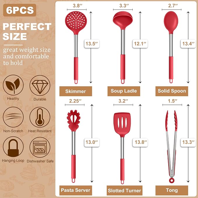 LIANYU Silicone Kitchen Utensils, 6 Pcs Cooking Utensils Spatula Set, Red | For Nonstick Cookware, 446°F Heat Resistant Kitchen Spatula Gadgets Tools, Stainless Steel Handle, Food Grade