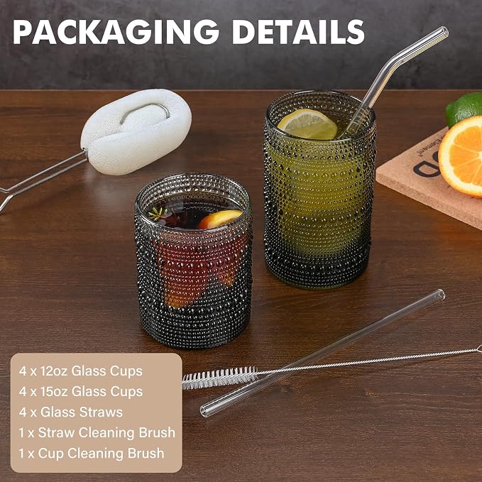 ZMOWIPDL 12oz & 15oz Hobnail Drinking Glasses,Grey Glass Cups Set of 8 | Vintage Highball Glassware，Kitchen Drinkware，Embossed Water Tumbler,for Beer,Cocktail,Whiskey,Juice,Various Mixed Drinks