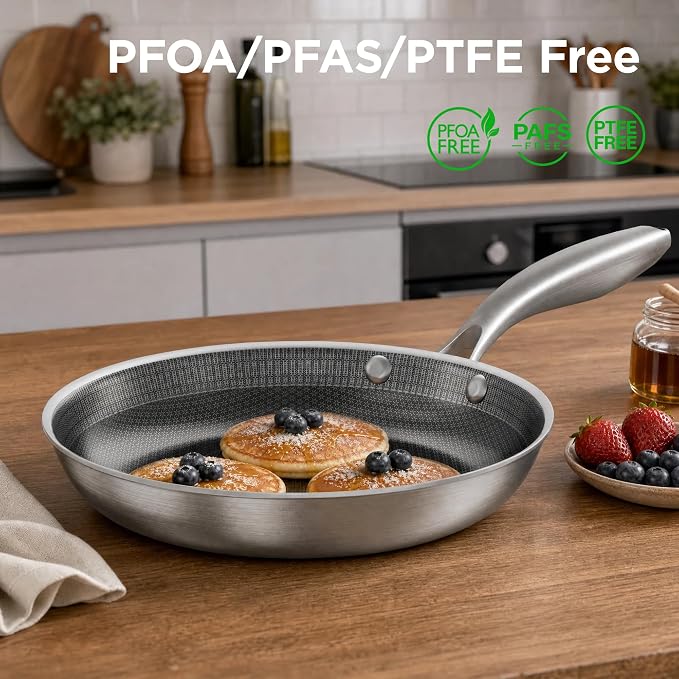 COOKER KING Nonstick Frying Pan Set of 3 (8+10+12 Inch),Stainless Steel Pan | Induction Pan, Non stick Skillet, Easy-Clean, Non-Toxic, Fast & Even Heating, Oven & Dishwasher Safe, Stay-Cool Handles