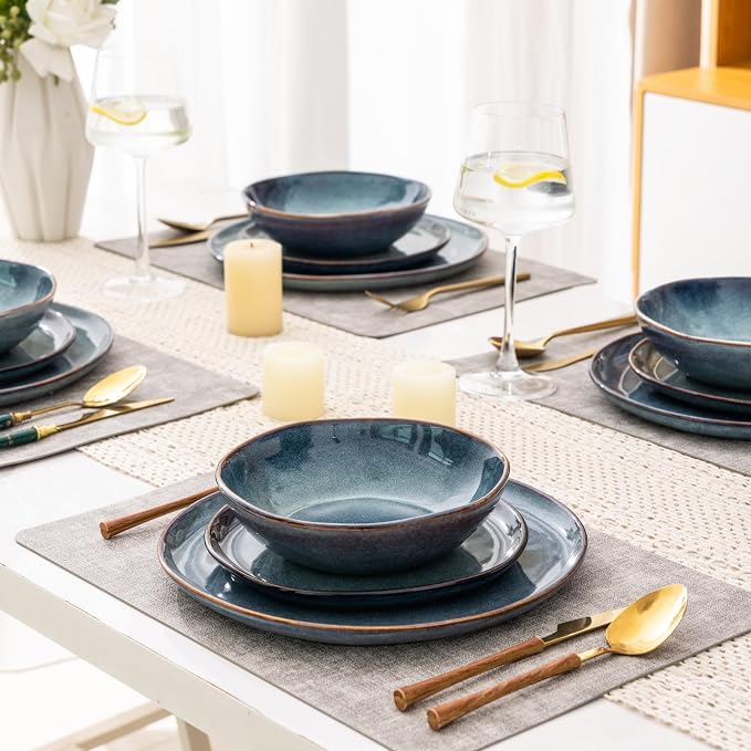 AmorArc Ceramic Dinnerware Sets for 4, 12Pcs Plates and Bowls Sets Dishes | Stoneware Handmade Reactive Glaze Dinner Set, Highly Scratch Resistant | Dishwasher & Microwave Safe Dishware