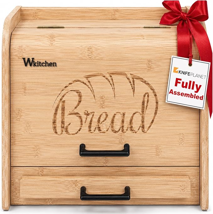 KNIFEPLANET Premium FULLY ASSEMBLED Bamboo Bread Box – Extra Large Real Wood Bread Box for Kitchen Countertop Storage, Thick Durable Construction, Double Layer Design (17.5" x 10" x 12")