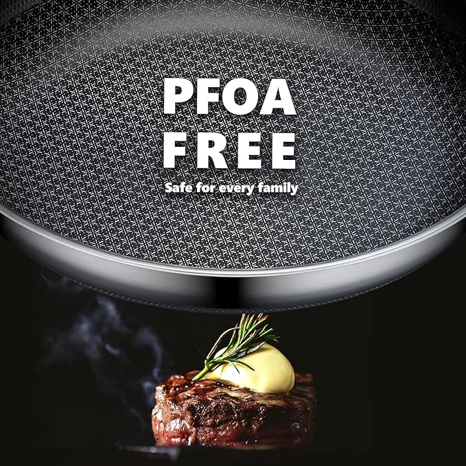 OATOFP Non Stick Stainless Steel Skillets 12 inch, Hybrid Frying Pan with Lid, PFOA Free Cookware, Dishwasher and Oven-Safe Chef Pan