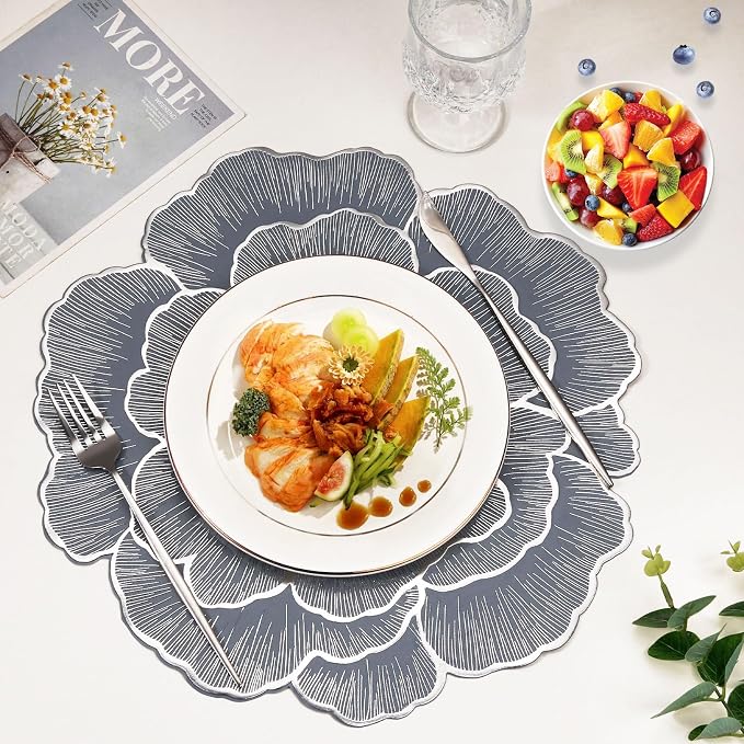 Silver Placemats Set of 6 15 Inch Metallic Pressed Vinyl Flower Place Mats | Non Slip Washable Waterproof PVC DiningTable Mats for Home Kitchen Dinner Party Table Wedding Decoration