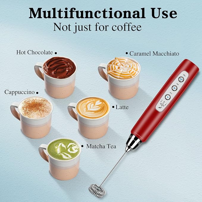 Milk Frother Wand Rechargeable Handheld Whisk Coffee 3 Speed Adjustable | Electric Whisk Drink Mixer with Stainless 3 Whisks Hand Frother , Foam Maker for Latte Cappuccino Matcha Egg Silver