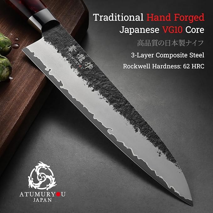 8.27 Inch Japanese Gyuto Chef Knife, Black Forged 3-Layer VG10 Steel Core | San-Mai High Carbon Stainless Steel, Kurouchi Forged Finish, For Home & Kitchen, Resin Wood Handle, Premium Gift Box