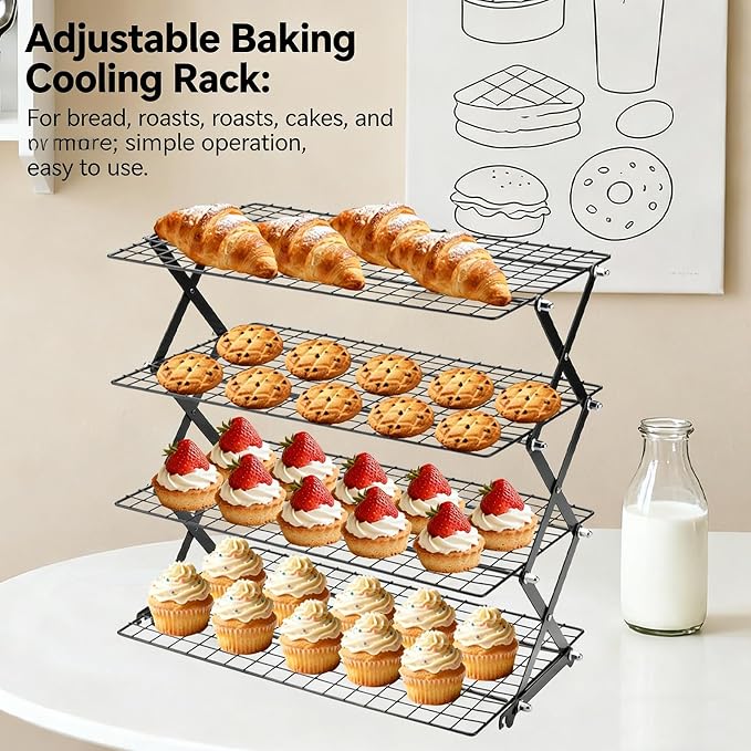 3-Tier Collapsible Cooling Rack with Adjustable 3 Setting, Wire Cooling Roasting Cooking Baking Drying Rack for Cookies Bread Turkey, Candy, Fruit, Snacks