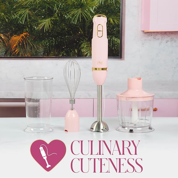 Paris Hilton Hand Blender Set, 3-in-1 Immersion Blender with Whisk, Blending & Chopper Attachments, 400W High Speed, Pink with Gold Accents, Handheld Blender for Smoothies, Soups, Sauces, Cream, Pink
