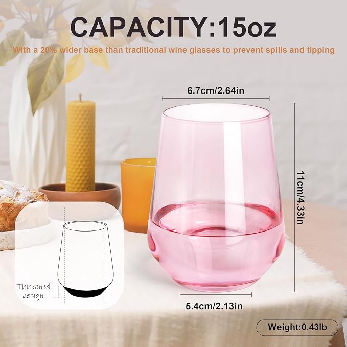 Pink Stemless Wine Glasses Set of 6, 15oz Drinking Glassware Dishwasher Safe, Wine Glass Tumblers for Red or White, Gift for Party, Holiday, Anniversary, Restaurant, Home Bar, Daily Use