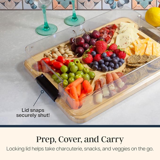 Totally Bamboo Flip, Serve & Store Reversible Charcuterie Board with Lid | Portable 5-compartment serving board with clear locking cover for travel. Cutting board side includes juice groove for prep.