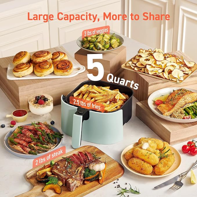 Cosori Air Fryer Pro LE 5 Qt with 20PCS Paper Liners, 9 Functions, Green | 9-in-1, Air Fry, Roast, Bake, Dehydrate, Broil, Frozen, Reheat, Max 450°F, Shake Reminder, Ceramic coating, dishwasher-safe