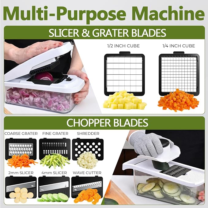 Multifunctional Vegetable Chopper & Mandoline Slicer with Spiralizer | Removable Grid ,8 Interchangeble Blades, Onion Chopper, Easy to Clean, Dishwasher Safe, Fruit Slicer Onion Dicer
