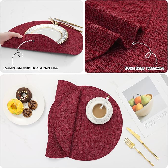 Cotton Linen 15 Inch Round Cloth Place mats, Set of 6, Red | Washable Table Mats, Heat Resistant, Reversible, Wipeable Place Mats for Indoor Outdoor