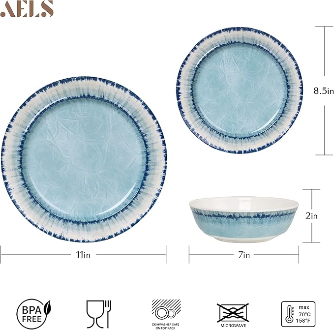 Melamine Dinnerware Set of 12 Pcs Dinner Dishes Set for Indoor and Outdoor Use, Dishwasher Safe, Lightweight Unbreakable, BPA Free, Light Blue