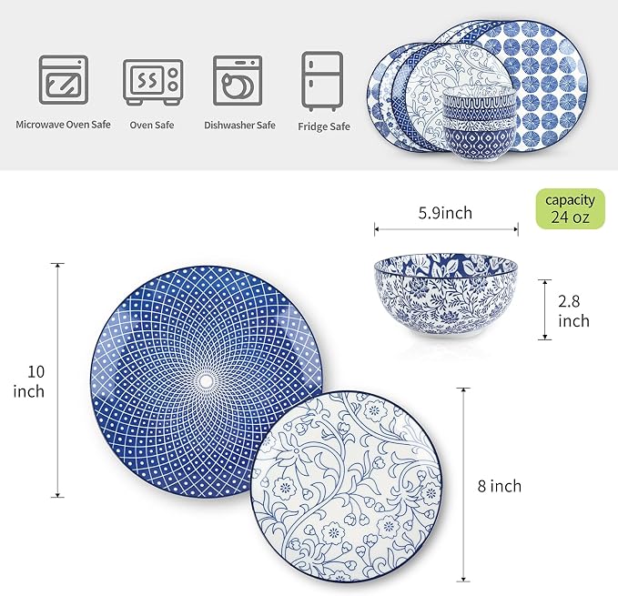 Selamica Ceramic Dinnerware Sets, 12 pcs Plates and Bowls Sets,Vintage Blue | Scratch Resistant Dishes set for 4, Dishwasher & Microwave Safe