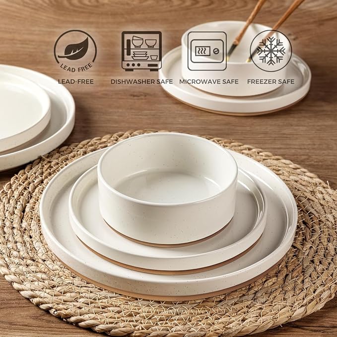 AmorArc Stoneware Dinnerware Sets for 6,18 Pcs Plates and Bowls Set | Handmade Ceramic Dish Set,Dishwasher & Microwave Safe,Scratch Resistant-Beige