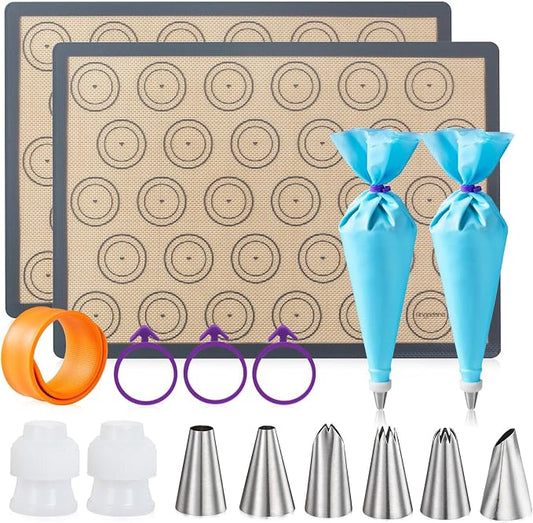 Angadona Macaron Silicone Baking Mats Kit (16pcs set) Macaroon Baking Mat Set of 2 Half Sheet Macaron Silicone Mat Nonstick Macaron Mat Sheet,6 Piping Tip,2 Piping Bag with 3 Bag Tie,2 coupler