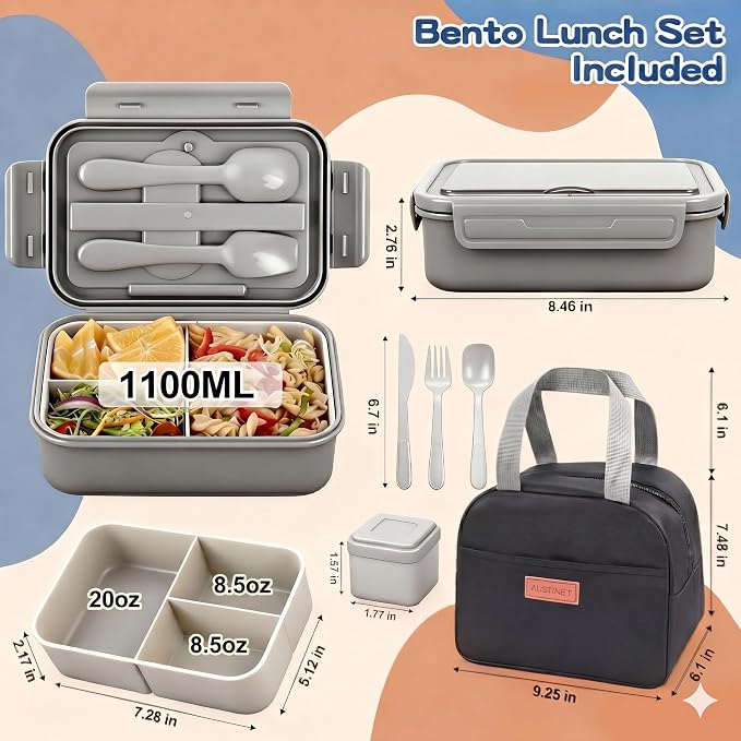 Bento Lunch Box for Adult & Kids, 1100ml Stackable Leak Proof Grey | Includes lunch bag, spoon, fork, sauce box,BPA-free & dishwasher safe,For adults.child, school, work, office, travel, picnic