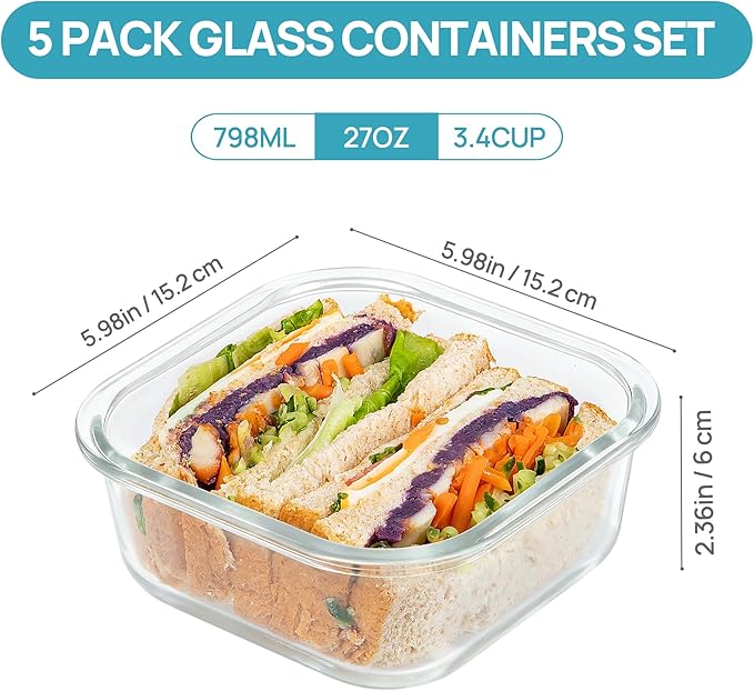 Vtopmart 5Pack 27oz Glass Food Storage Containers with Lids, Grey | Glass Meal Prep Container Sets, Sandwich Containers, Snap Airtight Lid For Microwave, Oven, Freezer and Dishwasher, BPA Free