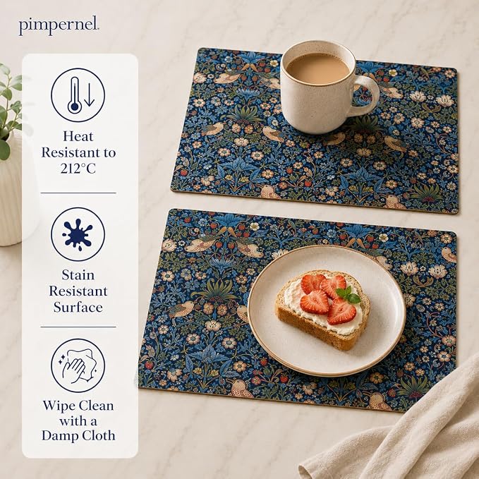 Pimpernel Morris & Co Strawberry Thief Blue Placemats, Set of 4 - Stain Resistant & Heat Safe Fabric-Feel Table Mats with Birds & Botanical Pattern for Stylish Dining & Entertaining