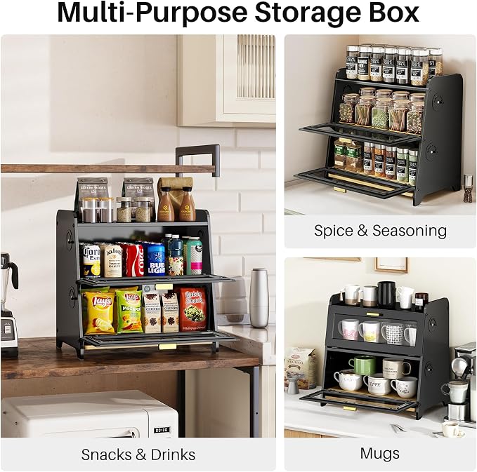 SNTD 2 Tier Bread Box for Kitchen Countertop, Adjustable Ventilation, Black | Bamboo Cutting Board, Airtight Design, See-Through Magnetic Door, Bread Storage Container for Homemade Bread, Multi-purpose