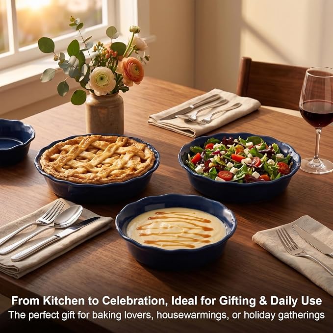 ONEMORE Pie Pans, 6.8 inch Small Chicken Pot Pie Plates 16 oz Deep Dish Pie Pan Ceramic Baking Plates for Dessert Oven Safe Round Baking Dish Pans Set of 4 - Blue