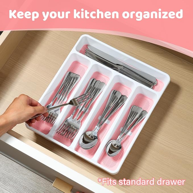 5-Compartment Silverware Organizer Tray with Icons for Kitchen Drawer | Non-slip TPR Linings，5-Compartment，High-quality Plastic，Fits Well In Standard Drawers，With Cutlery Icons