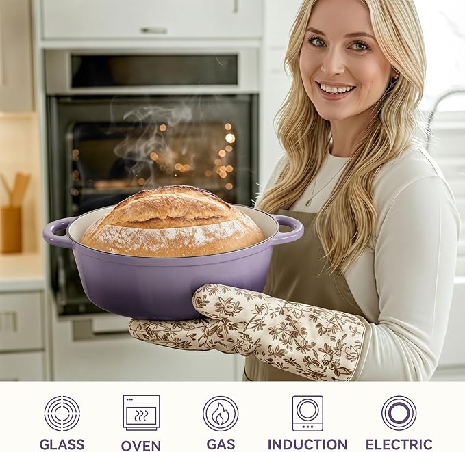 Oval Dutch Oven for Bread Baking, 4.5 Quart Non Stick Enameled Cast Iron Dutch Oven Pot with Lid, Oven Safe Oval Casserole with Lid up to 500°F for Baking, Braising, Stews, Roasting, Purple