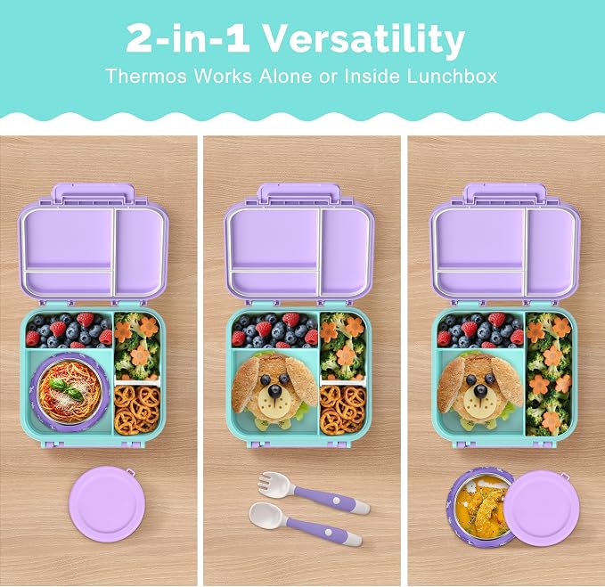 Kids Lunch Box Set with Bento Box, 9oz Stainless Steel Thermo & Insulated Lunch Bag – Hot & Cold Leakproof Lunch Container with Utensils for School & Travel