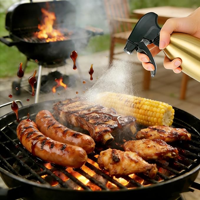 Oil Sprayer for Cooking, 17oz Stainless Steel Olive Oil Mister with Fine Mist Trigger, 500ml Large-Capacity Refillable Dispenser for Air Fryer, BBQ and Salad (Black Gold)