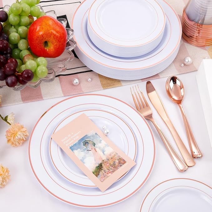 GATHER 350PCS Rose Gold Plastic Plates for Wedding Birthday Party | White and Rose Gold Disposable Dinnerware Set include 100 Plastic Plates, 150 Silverware, 50 Napkins, 50 Cups for Baby Shower