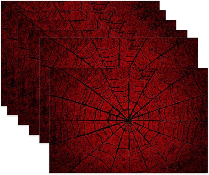 Cloth Placemats,Red Spider Web Fabric Placemats Set of 6,Washable Gothic Table Mats,Decorative Place Mats for Dining Home Kitchen Holiday Party 11.8x17.7 Inch