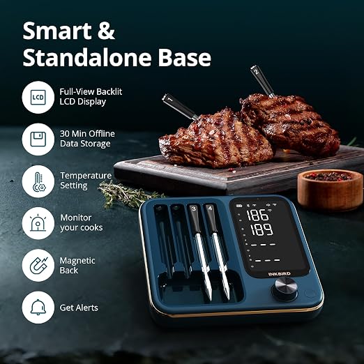 Wireless Meat Thermometer with WiFi 5G & Bluetooth 5.4, Smart Meat Thermometer for BBQ、Oven, Food Thermometer Digital with 4 Probes & 5 Sensors, NIST Accuracy, Apple Watch Alerts, 25H Use, Waterproof
