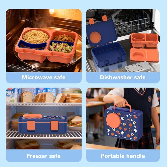 Kids Insulated Lunch Box with 8OZ Thermo Food Jar | Leakproof Bento Box with Ice Pack Sauce Cup Utensils Removable Tray & Dividers for School Daycare Travel, Sports