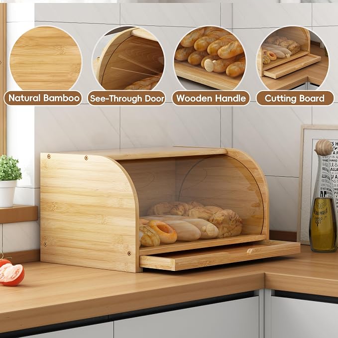 Roll Top Bread Box for Kitchen Countertop with Clear Lid | Natural bamboo, clear roll-top lid. Airtight small breadbox. Includes cutting board. Easy assembly, homemade bread storage
