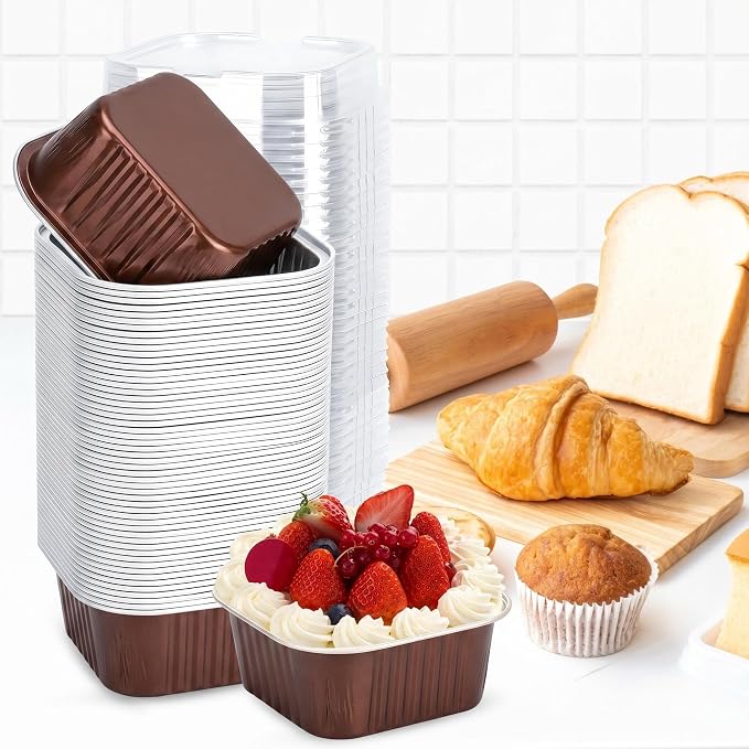 30Pack 5oz Brown Mini Cake Pans with Lids Baking Cups Aluminum Foil Pans Tins, Individual Dessert Cups Containers for Sales,Party,Picnics