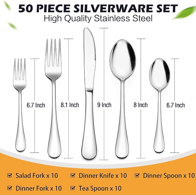 LIANYU 50 PCS Silverware Set for 10, Stainless Steel Cutlery Set | Flatware Includes Fork Spoon and Knife, Kitchen Restaurant Tableware, Mirror Finished, Dishwasher Safe
