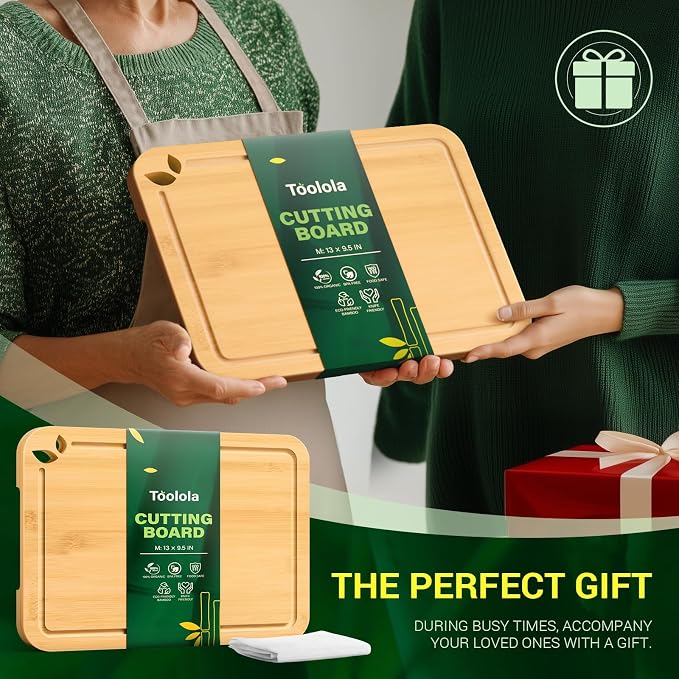 Bamboo Cutting Boards for Kitchen, Wooden Cutting Boards, 13 x 9.5 inch | Knife-Friendly Chopping Boards with Silicone Mat, Charcuterie Boards with Side Handles and Juice Grooves