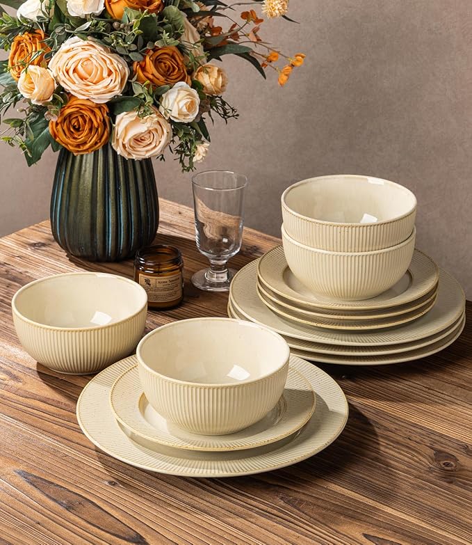 Ceramic Dinnerware Set for 4, 12-Piece Plates and Bowls Set | Lightweight Porcelain Dish Set, Scratch Resistant, Oven & Microwave & Dishwasher Safe, Cream Latte