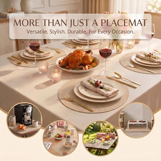Faux Leather Placemats Set of 6, Wipeable Waterproof Stain Resistant Table Mats, Heat Resistant Thick Placemats with Hand-Painted Edges for Kitchen Dining, Imitative Linen Texture, Various Shapes