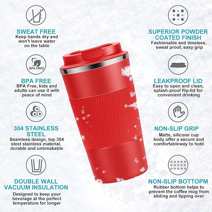 YINJOYI 12oz Travel Coffee Cups Insulated Tumbler Thermal Mug to Go with Lid Leak Proof Reusable Stainless Steel Coffee Mug Spill Proof for Hot and Iced Cold Drinks (Red, 380ml)