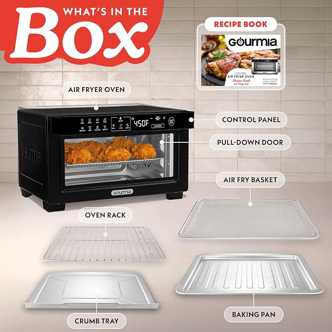 Gourmia Toaster Oven Air Fryer - 4 Slice Capacity, Single Door, Digital Display, Air Fry, Toast & Dehydrate, Convection Cooking, Fits 8” Pizza, 3 Rack Positions, Dishwasher-Safe Trays, Black