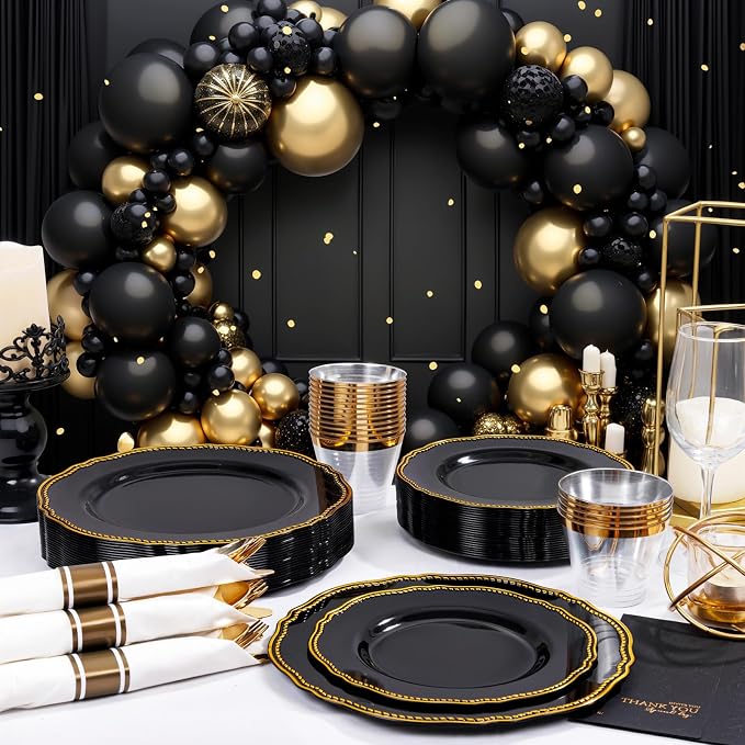 350 Pcs Black and Gold Plastic Plates for Wedding & Party | Gold Plastic Dinnerware Set Includes 50 Dinner Plates, 50 Dessert Dinnerware, 50 Cups, 50 Rolled Napkin Cutlery