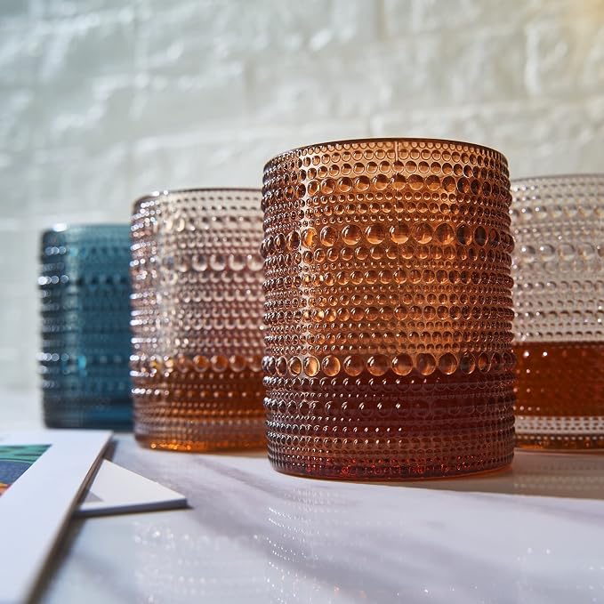 Vintage Beaded Hobnail Tumbler, Colored Drinking Glasses, Set of 6 | 11 oz | Vintage Colored Glass, HAND WASH ONLY, Comfortable Grip, Ideal for Whiskey, Water, Wine, Cocktails & Everyday Beverages