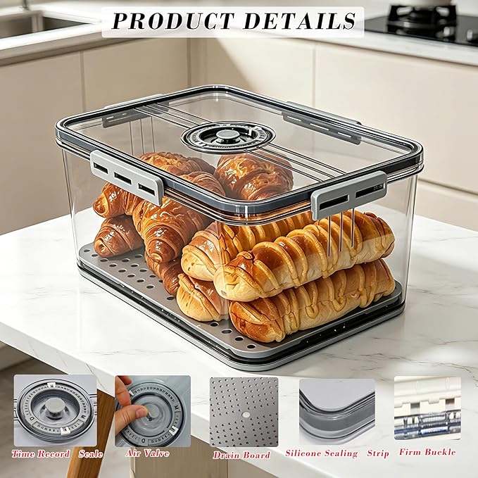 Honbuty Bread Box Bread Boxes for Kitchen Counter Airtight,Time Recording Bread Storage Container with Lid, Bread Keeper for Homemade Bread, Toast, Bagel, Donut and Cookies, Grey,Gifts for Mom Dad
