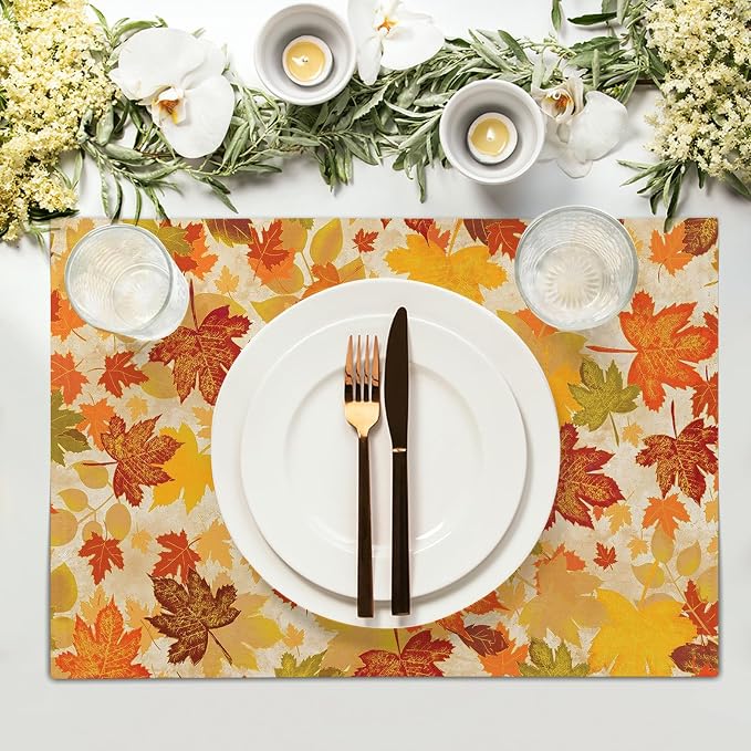 Fall Placemats Set of 6 18x12 Inch Autumn Maple Leaves Linen Place Mats Heat-Resistant Washable Wipeable Orange Season Holiday Table Mat for Party Kitchen Dining Room Dinner Table Decor