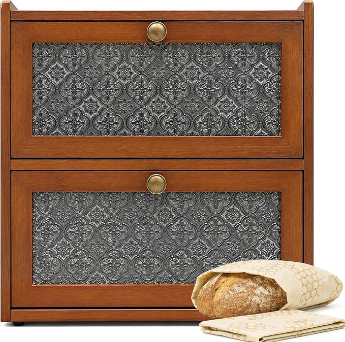 ETMI Vintage Bread Box for Kitchen Countertop - 2 Layer BreadBox Large Carbonized Bamboo Bread Storage Container Kitchen Organizer