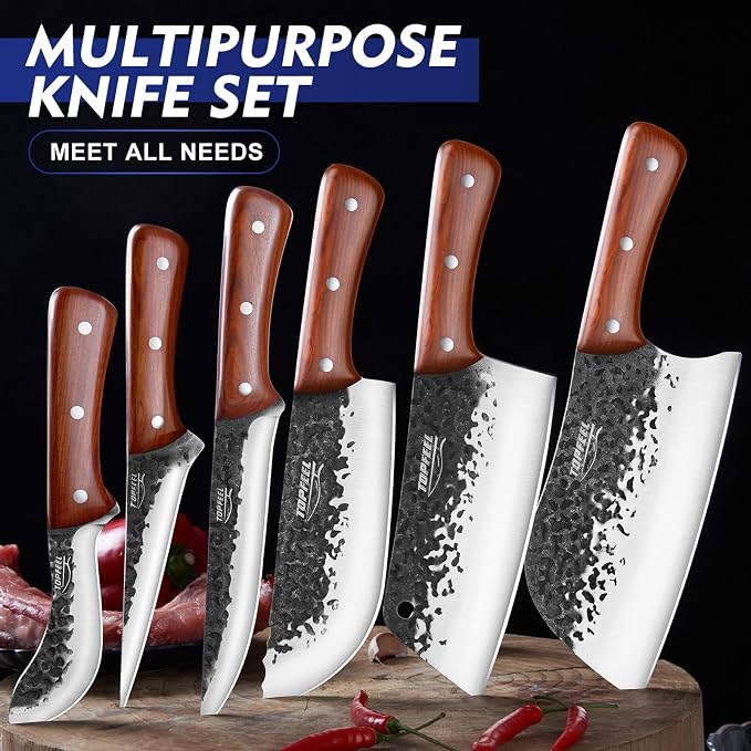 Topfeel 8PCS High Carbon Steel Butcher Knife Set with Leather Roll Bag | Six hand-forged knives: two cleavers, butcher, carving, boning and fillet knives; sharpening rod, full-tang rosewood handles